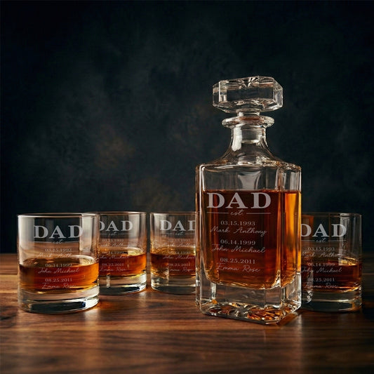 Personalized Father’s Day Decanter Set - Custom "Dad Est." Whiskey Decanter with Kids' Names - Engraved 3pc or 5pc Bourbon Gift Set for Him