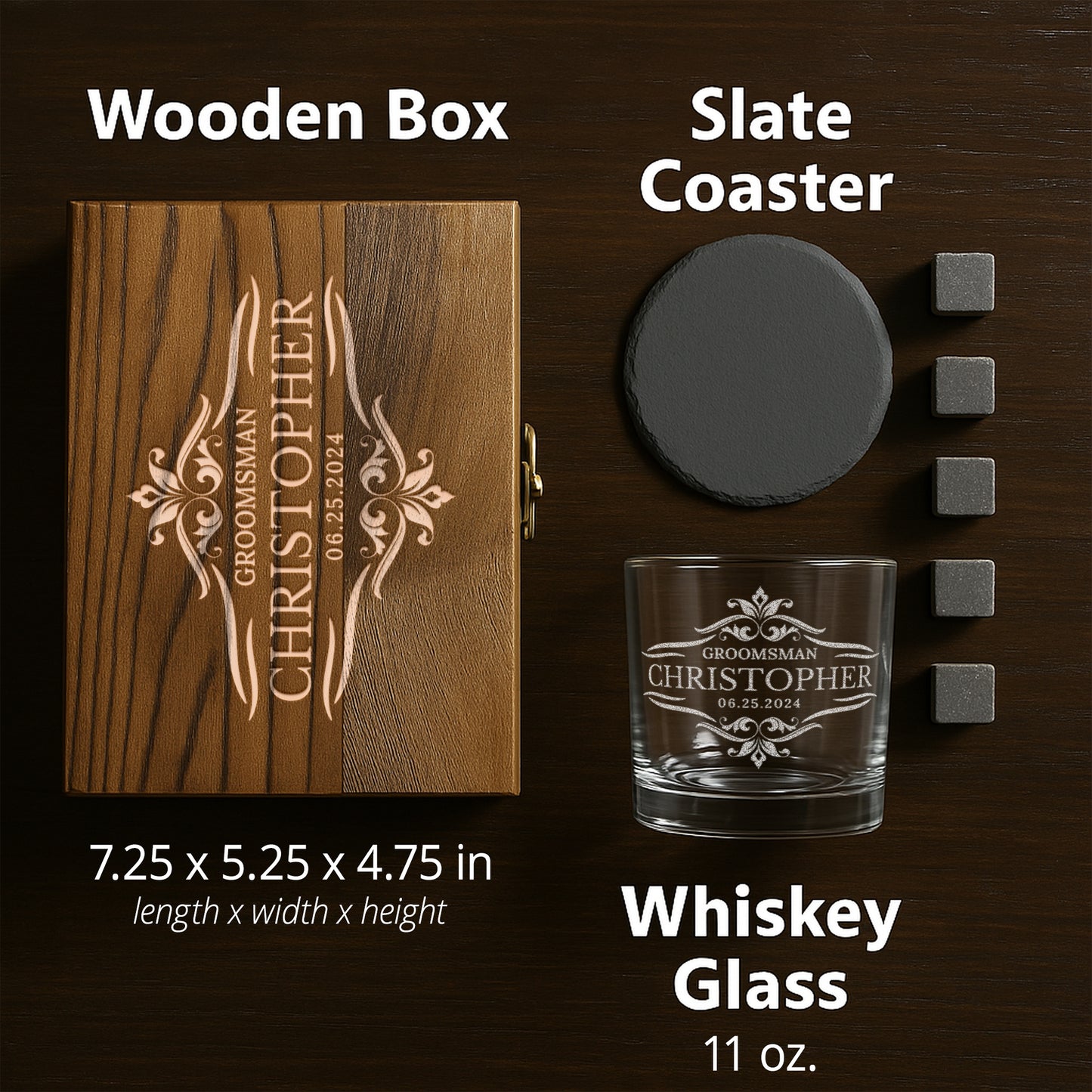 Personalized Groomsmen Whiskey Gift Set – 11 oz. Engraved Glass, Slate Coaster, Whiskey Stones & Dark Wooden Box