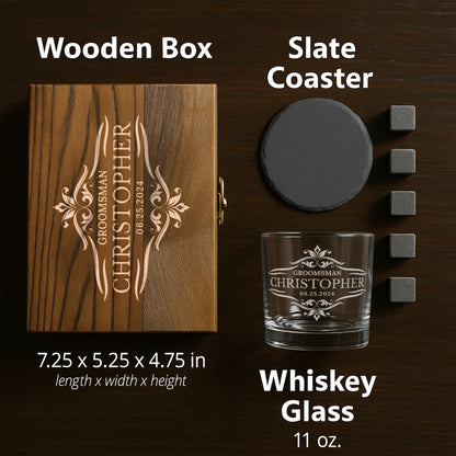 Personalized Groomsmen Whiskey Gift Set – 11 oz. Engraved Glass, Slate Coaster, Whiskey Stones & Dark Wooden Box