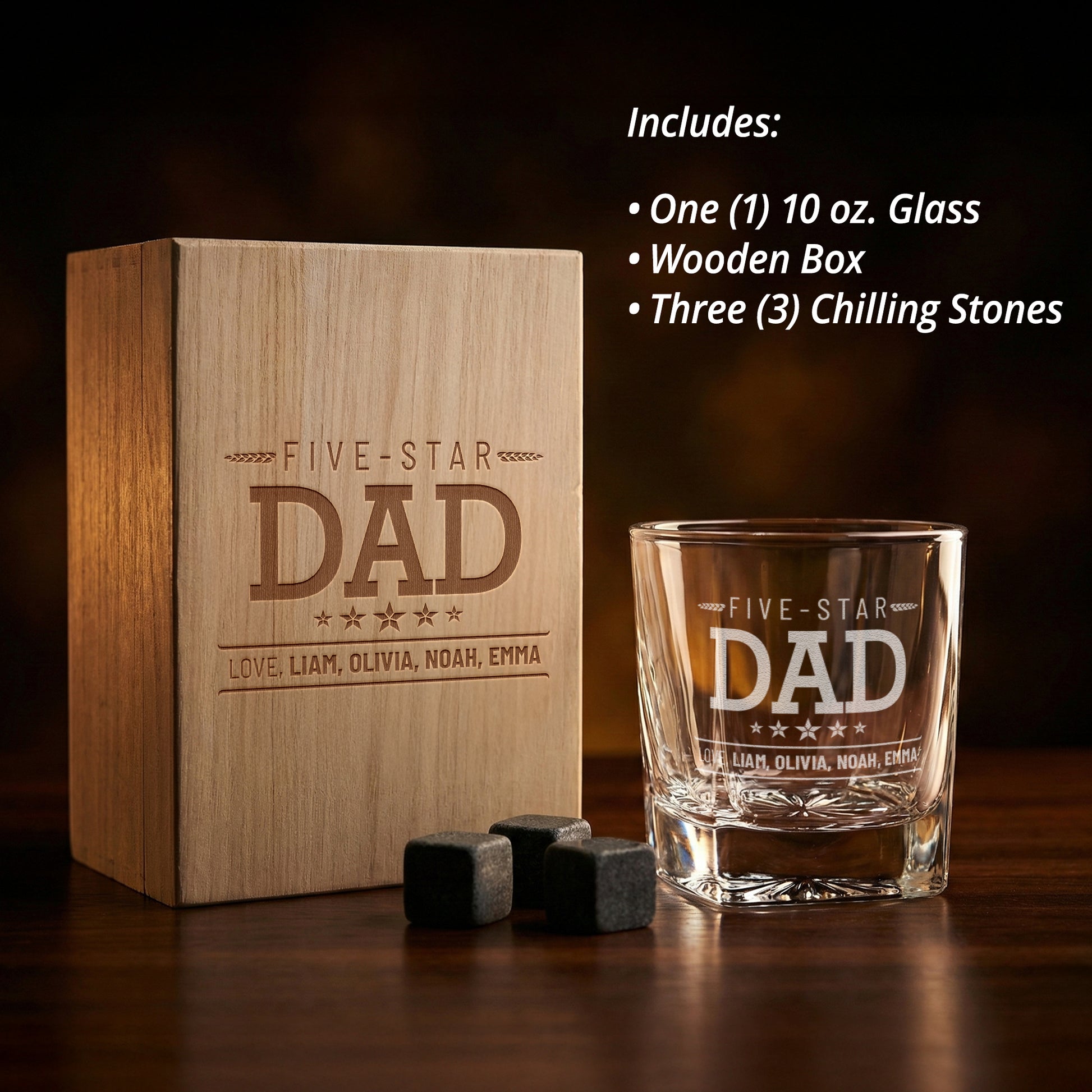 Personalized Five-Star Dad whiskey glass set with engraved wooden box and chilling stones.