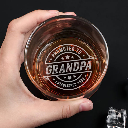 "Promoted to Grandpa" Personalized Whiskey Glass - Custom Established Year Engraved Rocks Glass - New Grandpa Gift for Father's Day & Birthdays