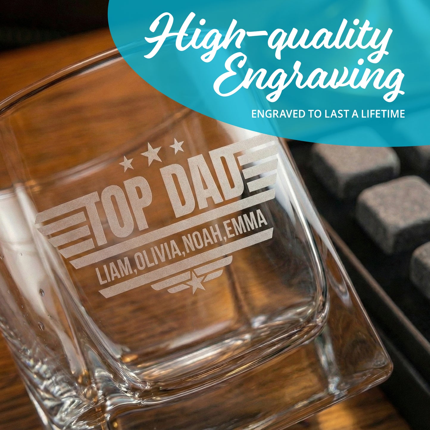 Personalized engraved whiskey glass with 'Top Dad' and custom names, perfect gift for dad