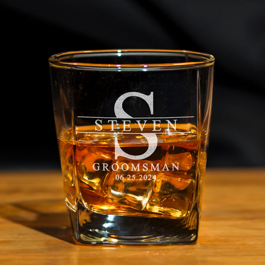 Custom Groomsmen Whiskey Glass - Personalized Best Man Proposal Gift - Engraved Wedding Party Bourbon Glass - Permanent Etched Barware