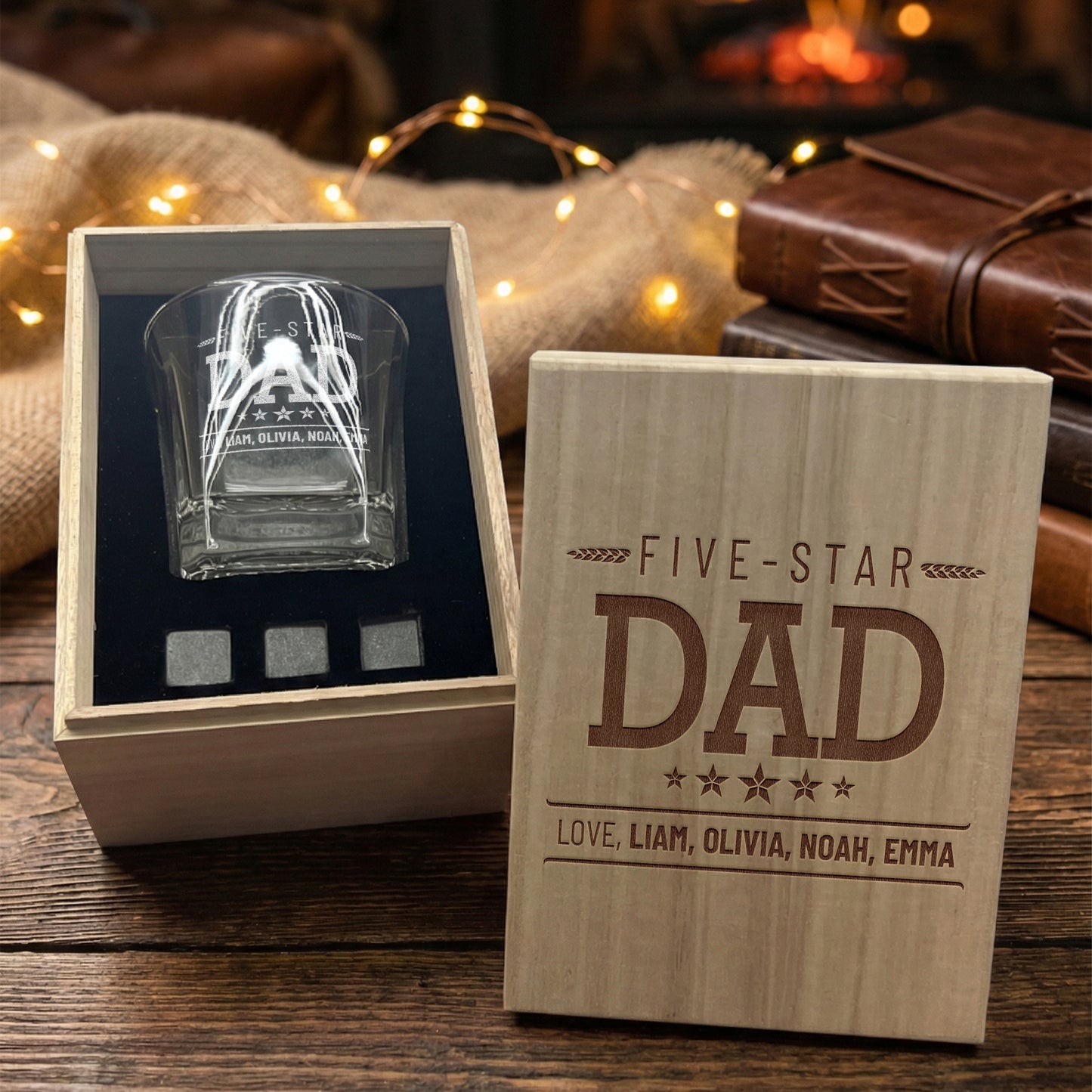 Personalized Five-Star Dad whiskey glass gift set with engraved wooden box, cozy background