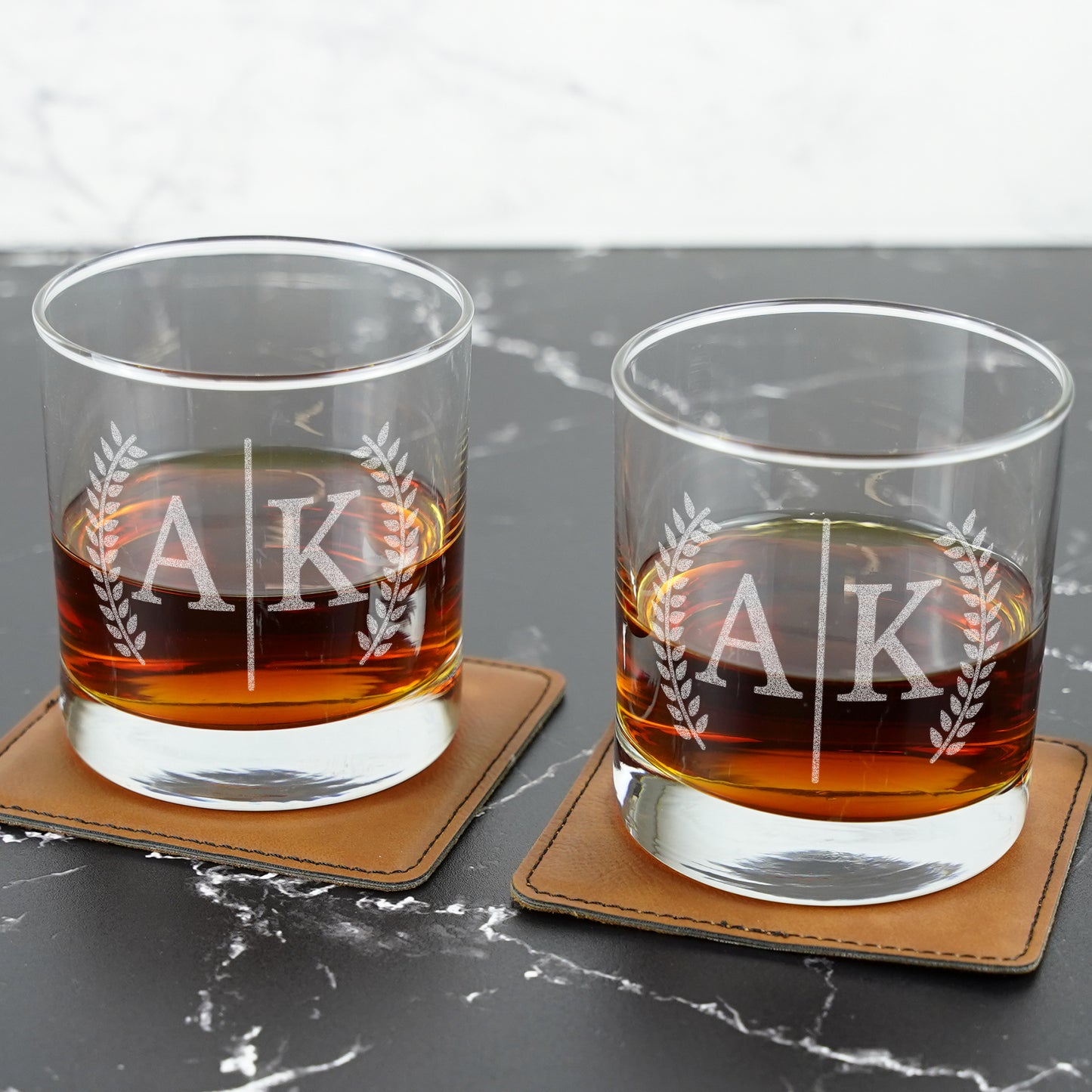 Personalized Split Monogram Whiskey Glass Set of 2 - Custom Engraved Bourbon & Scotch Rocks Glass - Luxury Gift for Men & Home Bar