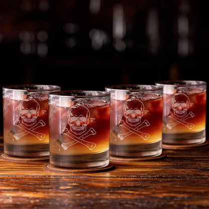 Skull and Crossbones Whiskey Glass Set of 4 - 11.5oz Engraved Gothic Rocks Glass - Halloween Gift for Him & Edgy Home Bar Decor