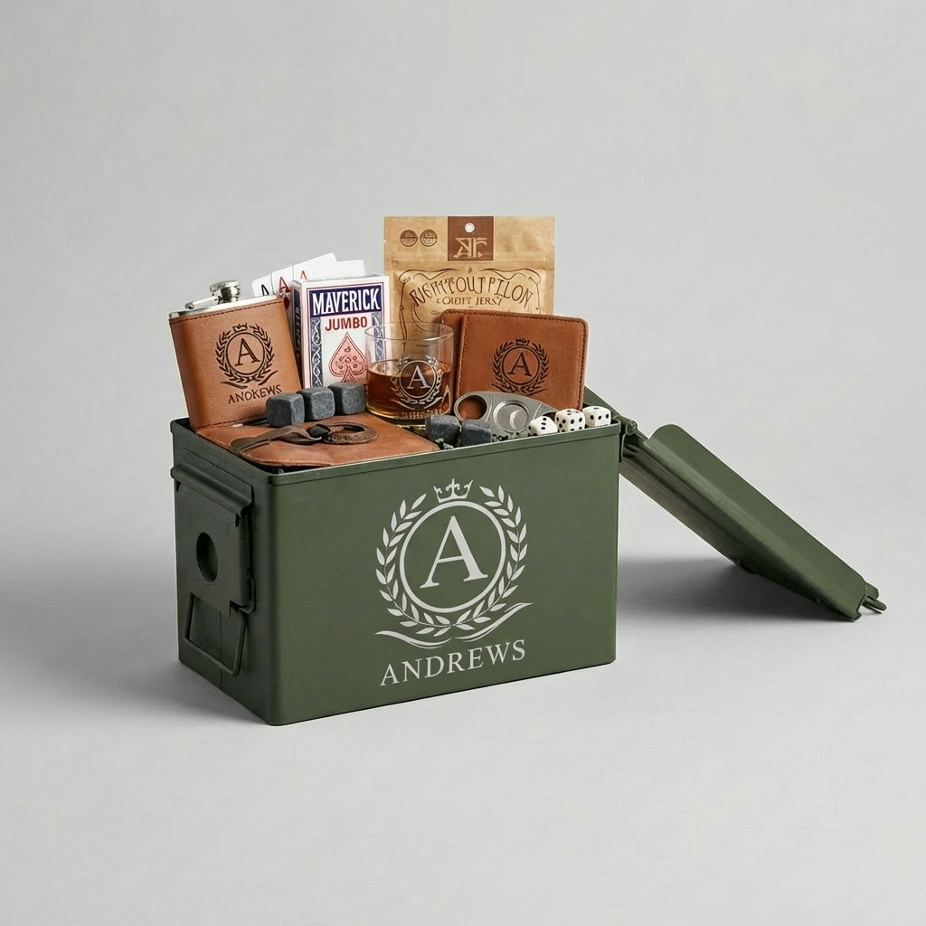 Personalized green gift box with leather flask, tumbler, wallet, cards, and jerky.
