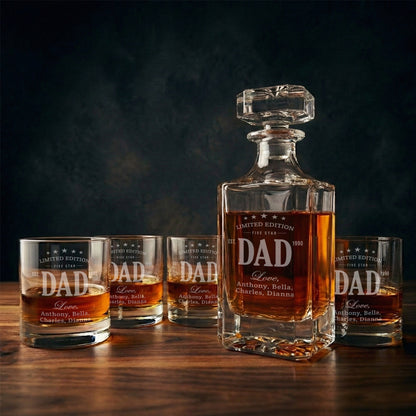 Personalized Father’s Day Whiskey Decanter Set - Custom Engraved "Dad" Decanter with Kids' Names - Funny & Sentimental Bourbon Gift for Him