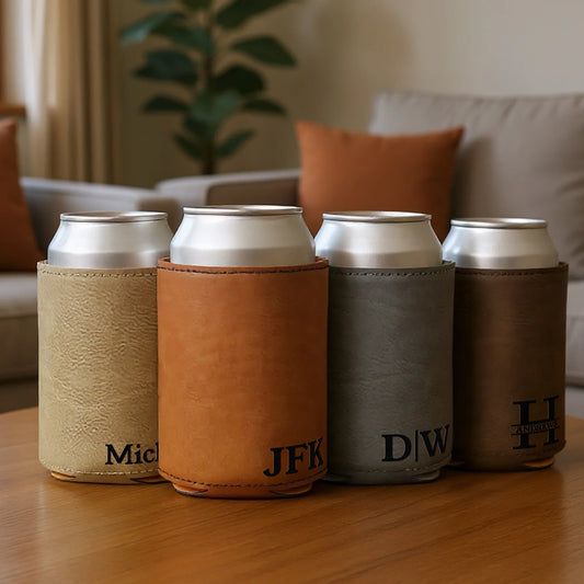 Personalized leather can coolers with custom initials on a wooden table in a cozy living room.