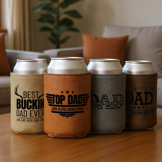 Personalized Dad Can Cooler – Custom Engraved Leatherette Beer Holder