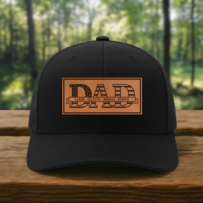 Custom Dad Patch Hat - Personalized Trucker Snapback with Kids' Names - Engraved Leather Patch Gift for Father's Day, New Dads & Birthdays