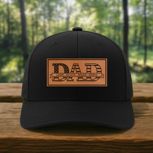 Custom Dad Patch Hat - Personalized Trucker Snapback with Kids' Names - Engraved Leather Patch Gift for Father's Day, New Dads & Birthdays