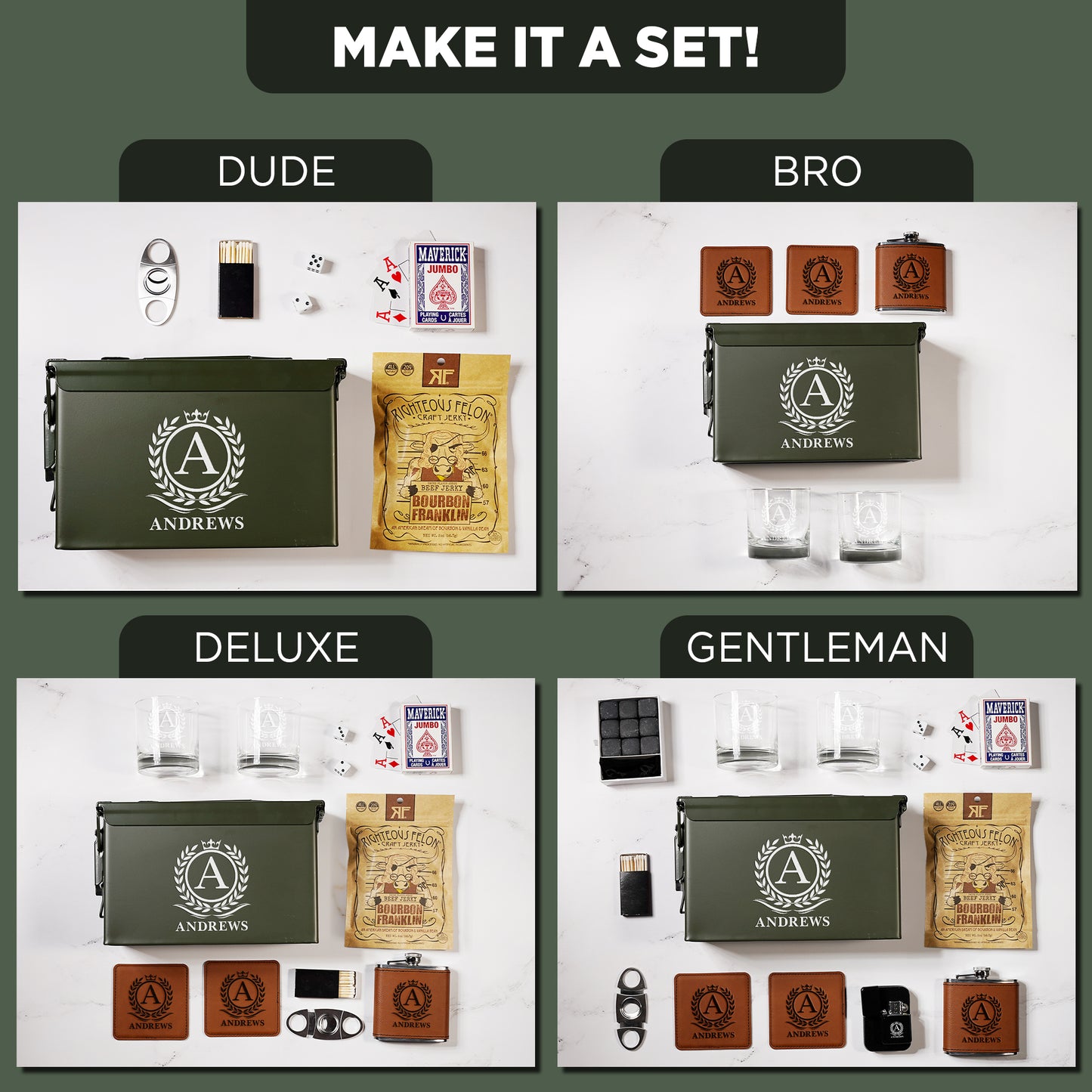 Custom monogram gift sets with engraved ammo box, whiskey glasses, playing cards, leather accessories, and snacks.