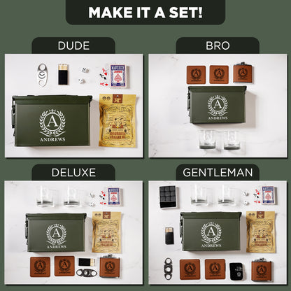 Custom monogram gift sets with engraved ammo box, whiskey glasses, playing cards, leather accessories, and snacks.