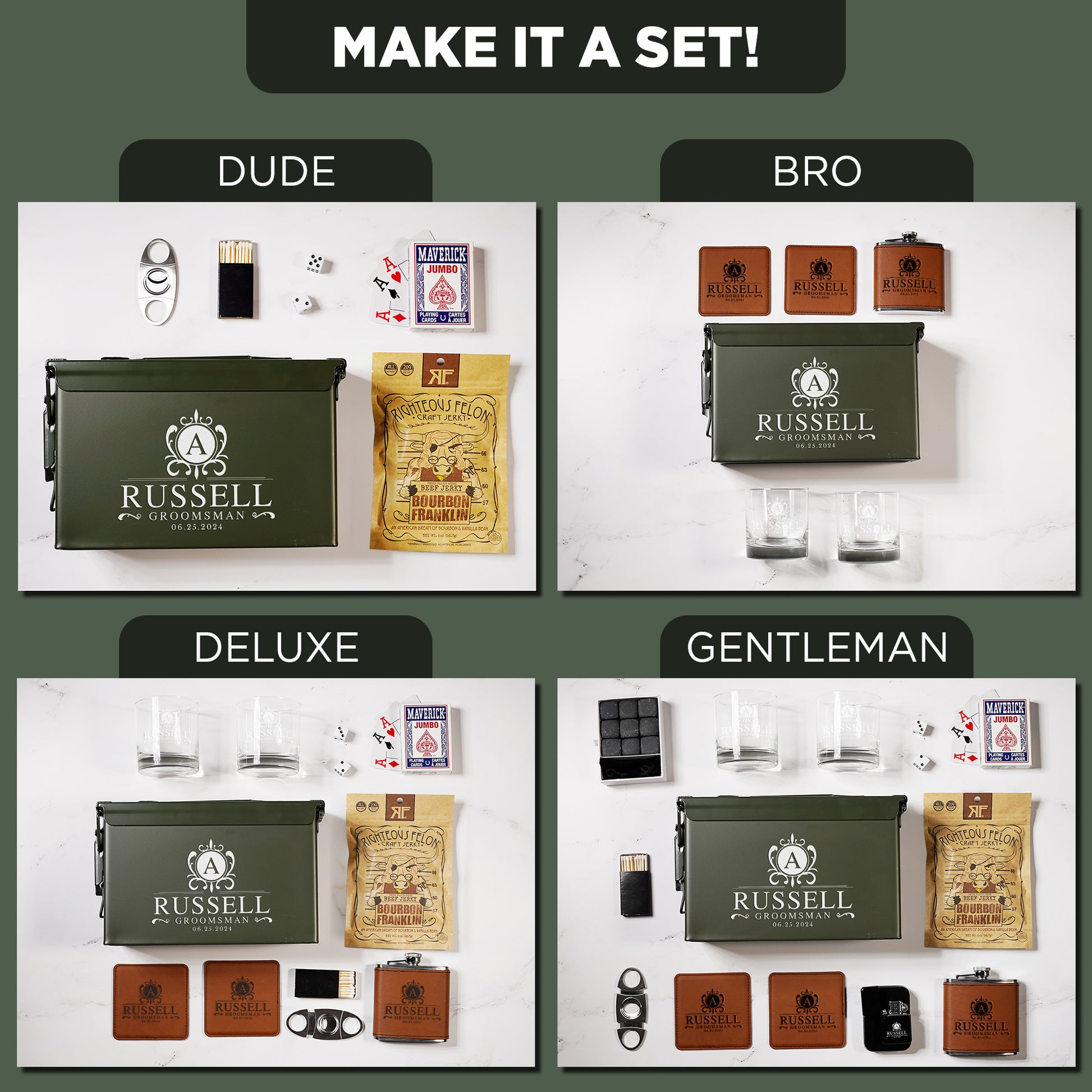 Custom groomsman gift sets with personalized green ammo box, flasks, glasses, wallets, snacks, and accessories arranged under themes Dude, Bro, Deluxe, and Gentleman.