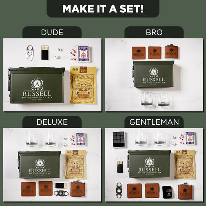 Custom groomsman gift set options with personalized green ammo boxes, glasses, flasks, wallets, cards, snacks, and accessories.