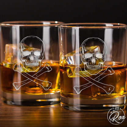 Skull Whiskey Glasses Set of 4–Engraved Skull & Crossbones Whiskey Glass–Halloween Gift for Him–Gothic Barware–Whiskey Lover Gift