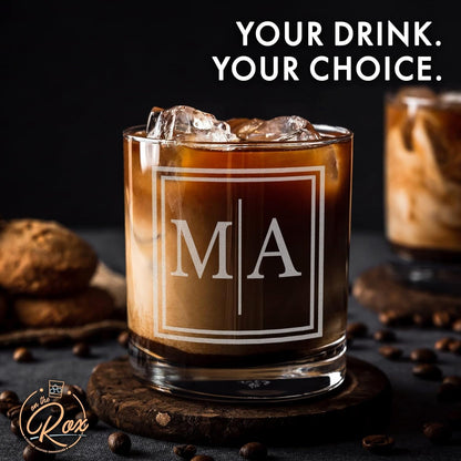 Engraved Split Monogrammed Whiskey Glass Set of 2 - Personalized Whiskey Gift for Men - Customized Cocktail, Bourbon, Scotch, Rocks Glass