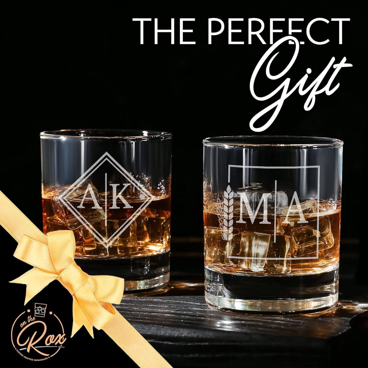 Engraved Split Monogrammed Whiskey Glass Set of 2 - Personalized Whiskey Gift for Men - Customized Cocktail, Bourbon, Scotch, Rocks Glass