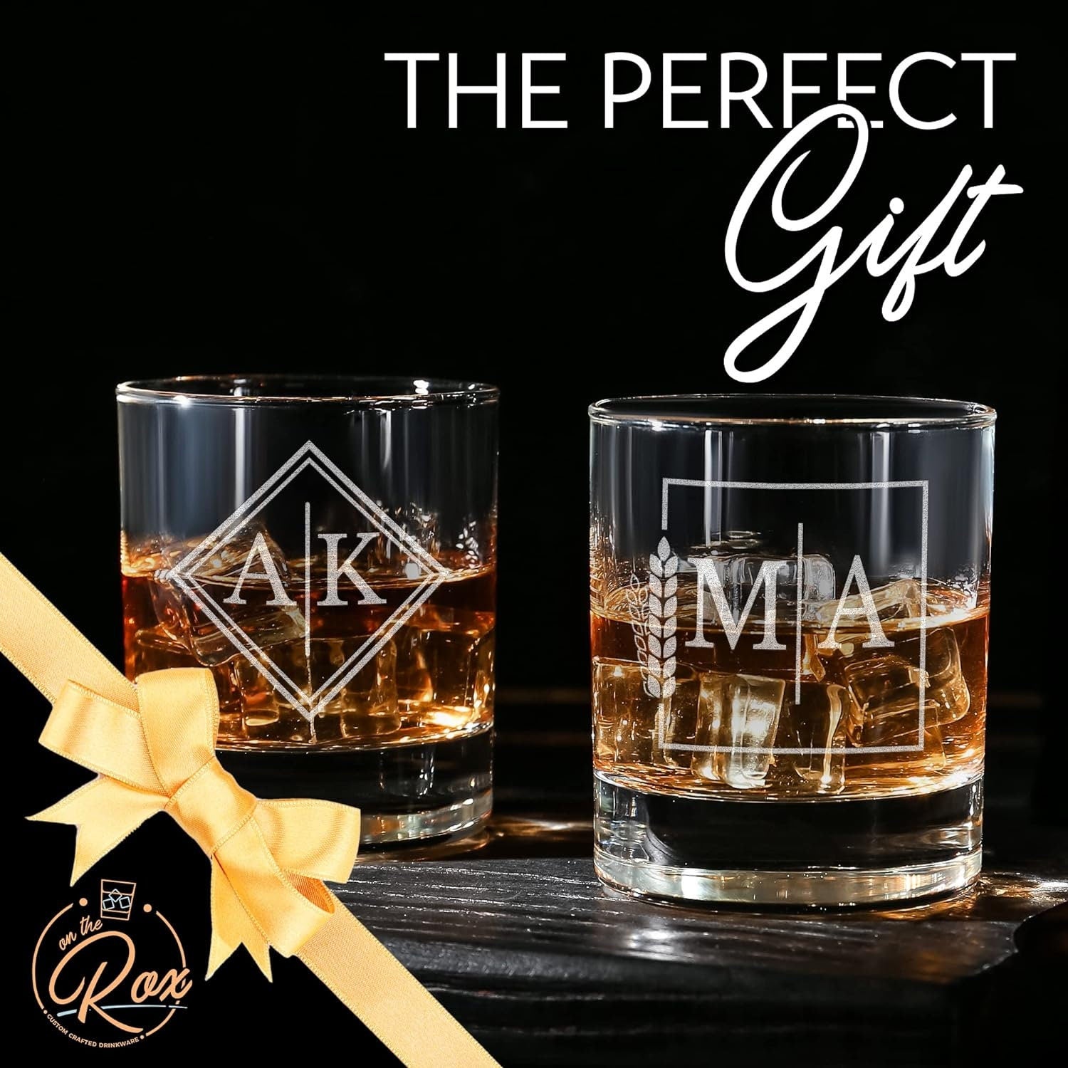 Engraved Split Monogrammed Whiskey Glass Set of 2 - Personalized Whiskey Gift for Men - Customized Cocktail, Bourbon, Scotch, Rocks Glass