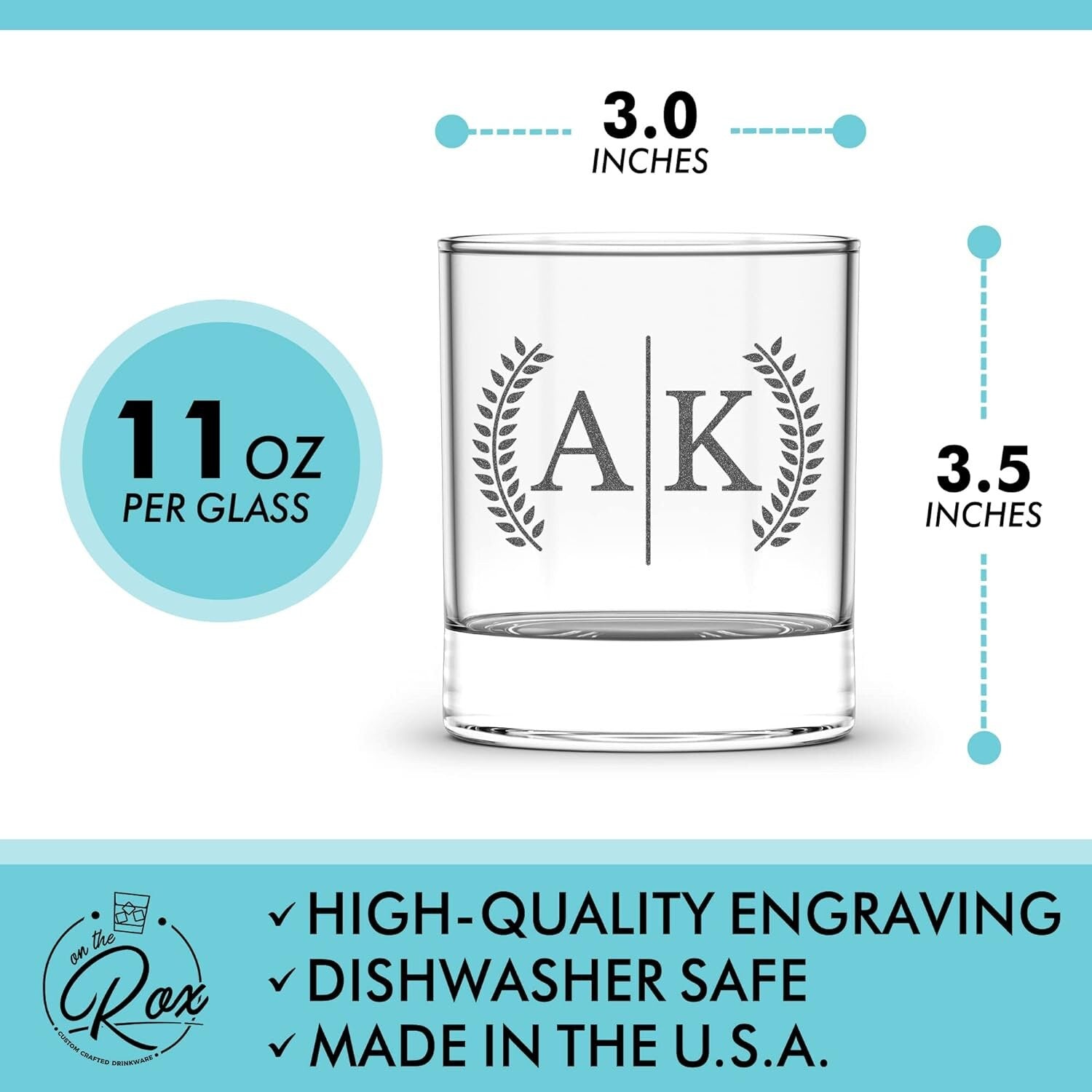 Engraved Split Monogrammed Whiskey Glass Set of 4 - Personalized Whiskey Gift for Men - Customized Cocktail, Bourbon, Scotch, Rocks Glass