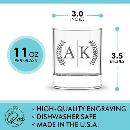 Engraved Split Monogrammed Whiskey Glass Set of 4 - Personalized Whiskey Gift for Men - Customized Cocktail, Bourbon, Scotch, Rocks Glass
