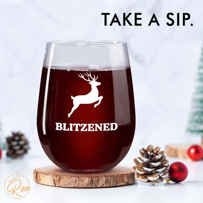 Funny Christmas Wine Glasses - 'Baked', 'Lit', 'Bottoms Up', 'Blitzened' Printed Stemless Wine Glass Set of 4 - Holiday Gifts for Her