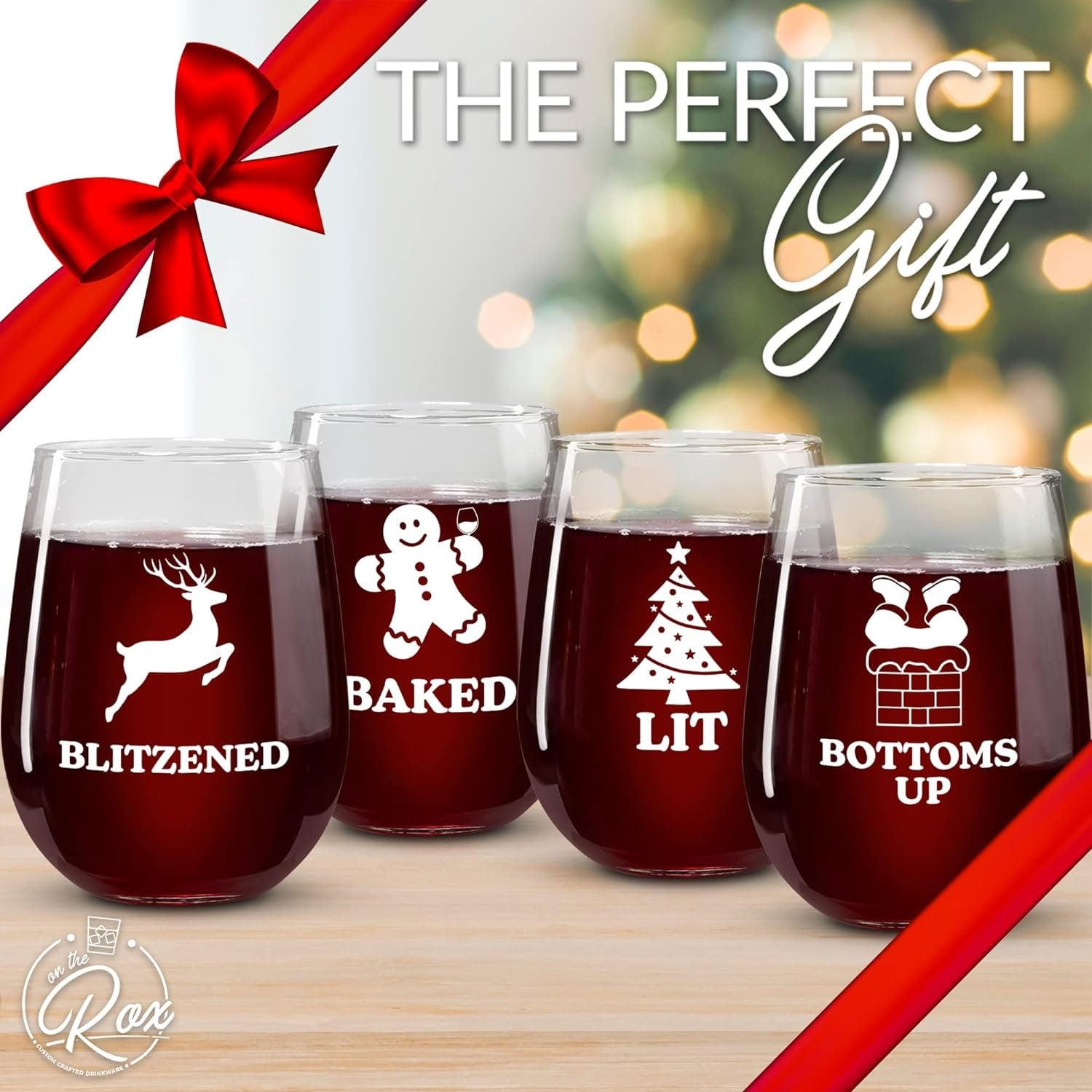 Funny Christmas Wine Glasses - 'Baked', 'Lit', 'Bottoms Up', 'Blitzened' Printed Stemless Wine Glass Set of 4 - Holiday Gifts for Her