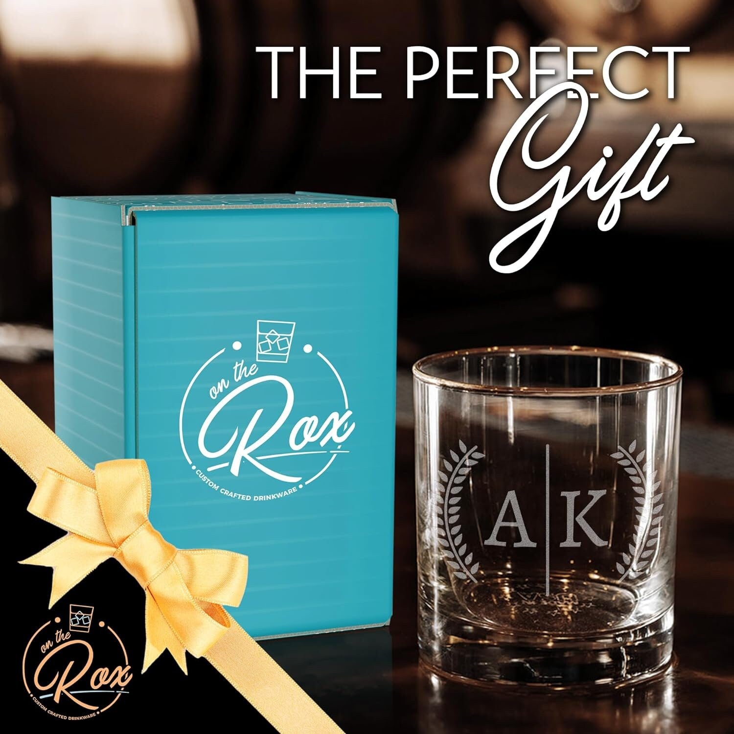 Personalized Whiskey Glass Gift for Men - 11 oz Engraved Split Monogram Glass for Whiskey, Bourbon, Scotch, Rocks, Brandy
