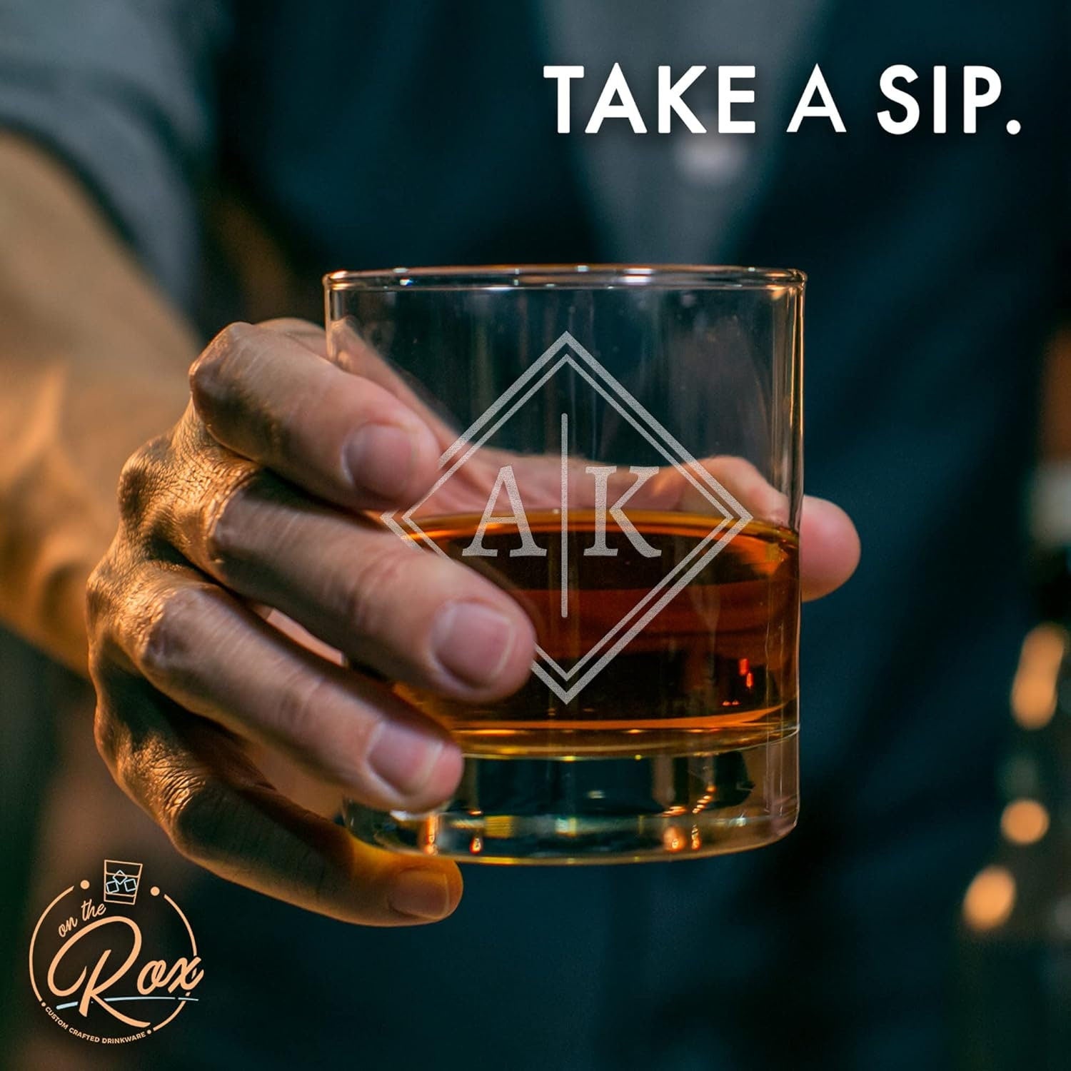 Personalized Whiskey Glass Gift for Men - 11 oz Engraved Split Monogram Glass for Whiskey, Bourbon, Scotch, Rocks, Brandy