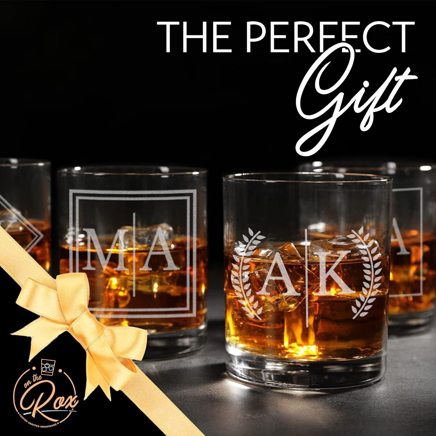 Engraved Split Monogrammed Whiskey Glass Set of 4 - Personalized Whiskey Gift for Men - Customized Cocktail, Bourbon, Scotch, Rocks Glass