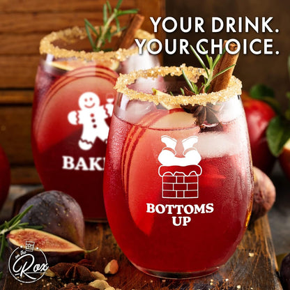 Funny Christmas Wine Glasses - 'Baked', 'Lit', 'Bottoms Up', 'Blitzened' Printed Stemless Wine Glass Set of 4 - Holiday Gifts for Her