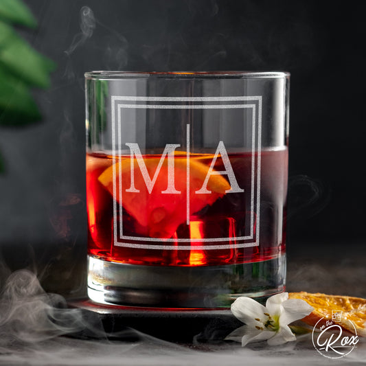 Personalized Whiskey Glass Gift for Men - 11 oz Engraved Split Monogram Glass for Whiskey, Bourbon, Scotch, Rocks, Brandy