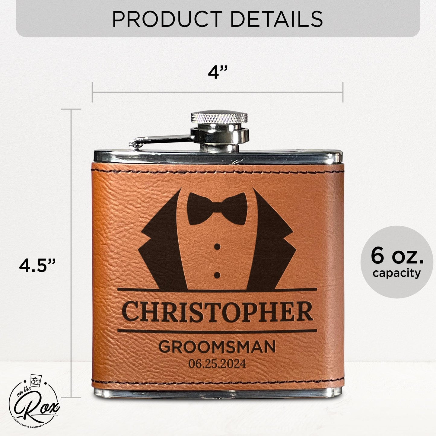 Custom Engraved Groomsmen Flask - Personalized PU Leather Wedding Party Gift - 6oz Best Man & Groomsman Proposal Flask