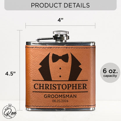 Custom Engraved Groomsmen Flask - Personalized PU Leather Wedding Party Gift - 6oz Best Man & Groomsman Proposal Flask