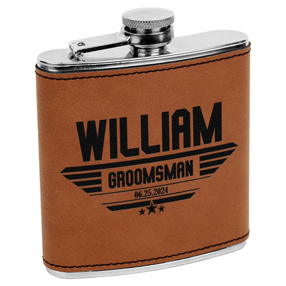Custom Engraved Groomsmen Flask - Personalized PU Leather Wedding Party Gift - 6oz Best Man & Groomsman Proposal Flask