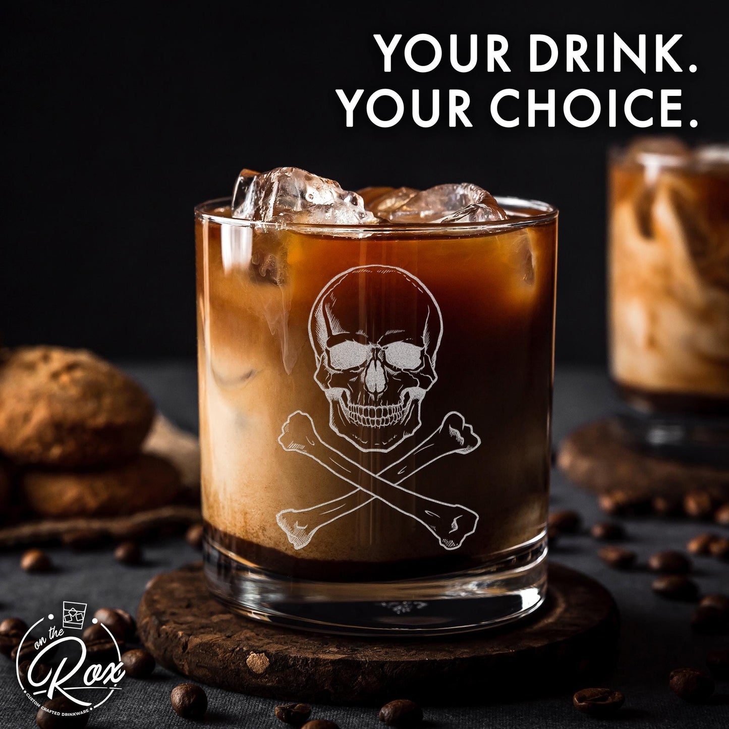 Skull Whiskey Glasses Set of 4–Engraved Skull & Crossbones Whiskey Glass–Halloween Gift for Him–Gothic Barware–Whiskey Lover Gift