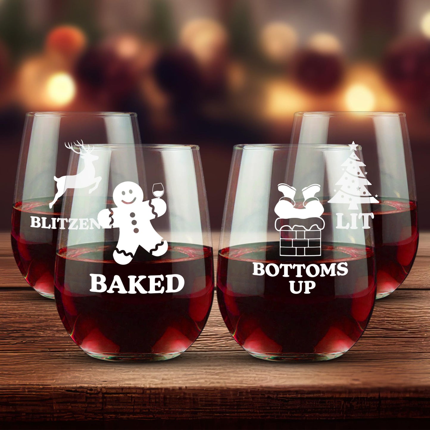 Funny Christmas Wine Glasses - 'Baked', 'Lit', 'Bottoms Up', 'Blitzened' Printed Stemless Wine Glass Set of 4 - Holiday Gifts for Her