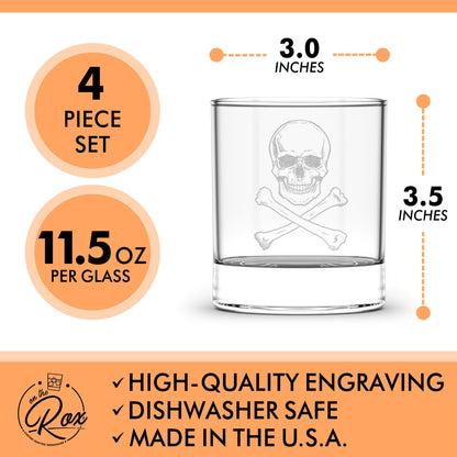 Skull Whiskey Glasses Set of 4–Engraved Skull & Crossbones Whiskey Glass–Halloween Gift for Him–Gothic Barware–Whiskey Lover Gift