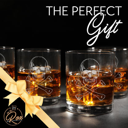 Skull Whiskey Glasses Set of 4–Engraved Skull & Crossbones Whiskey Glass–Halloween Gift for Him–Gothic Barware–Whiskey Lover Gift