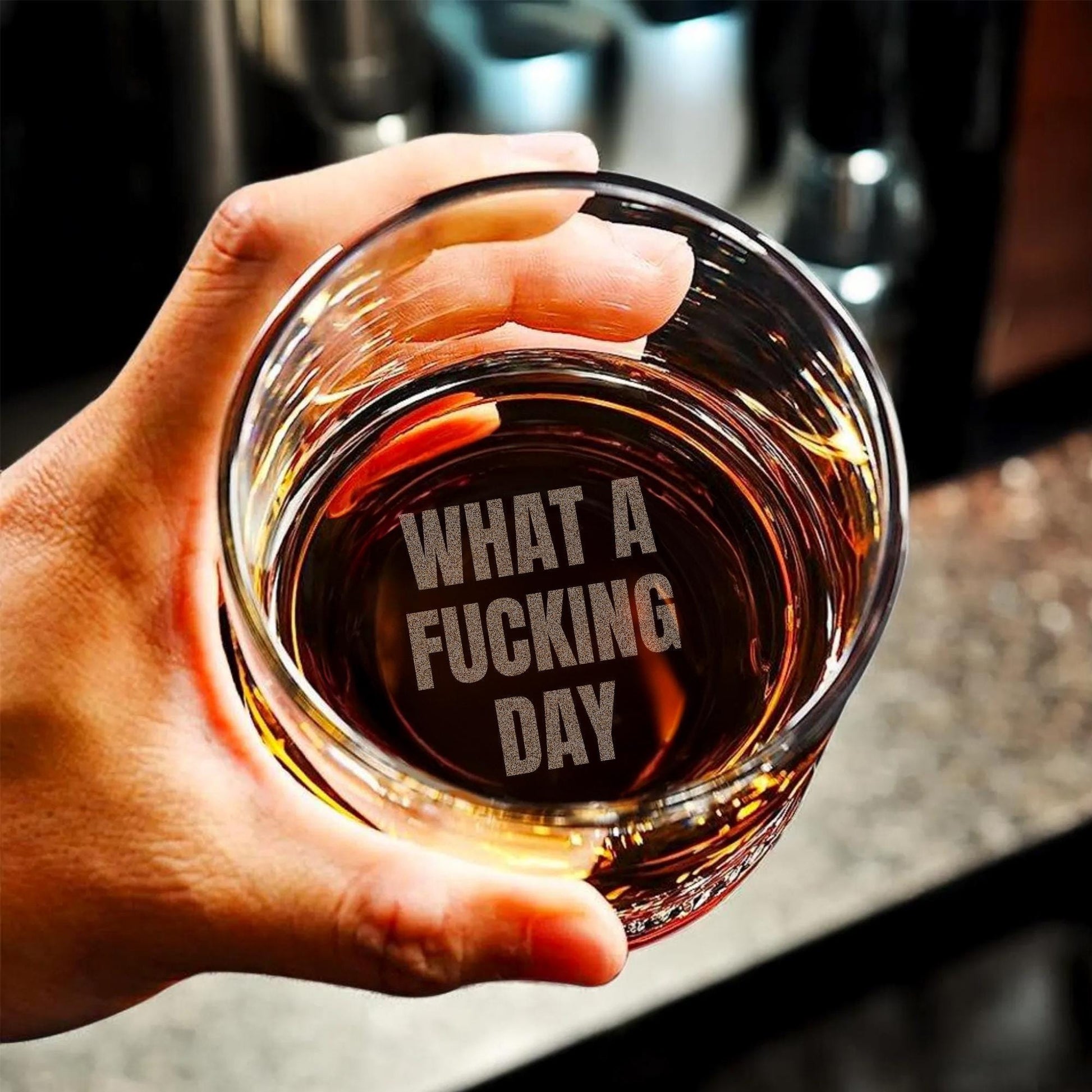 Funny Whiskey Glasses-What A Fucking Day-Whiskey Glasses Engraved-Bottom Engraved Drinking Glass-Christmas Gift For Him-Whiskey Gifts