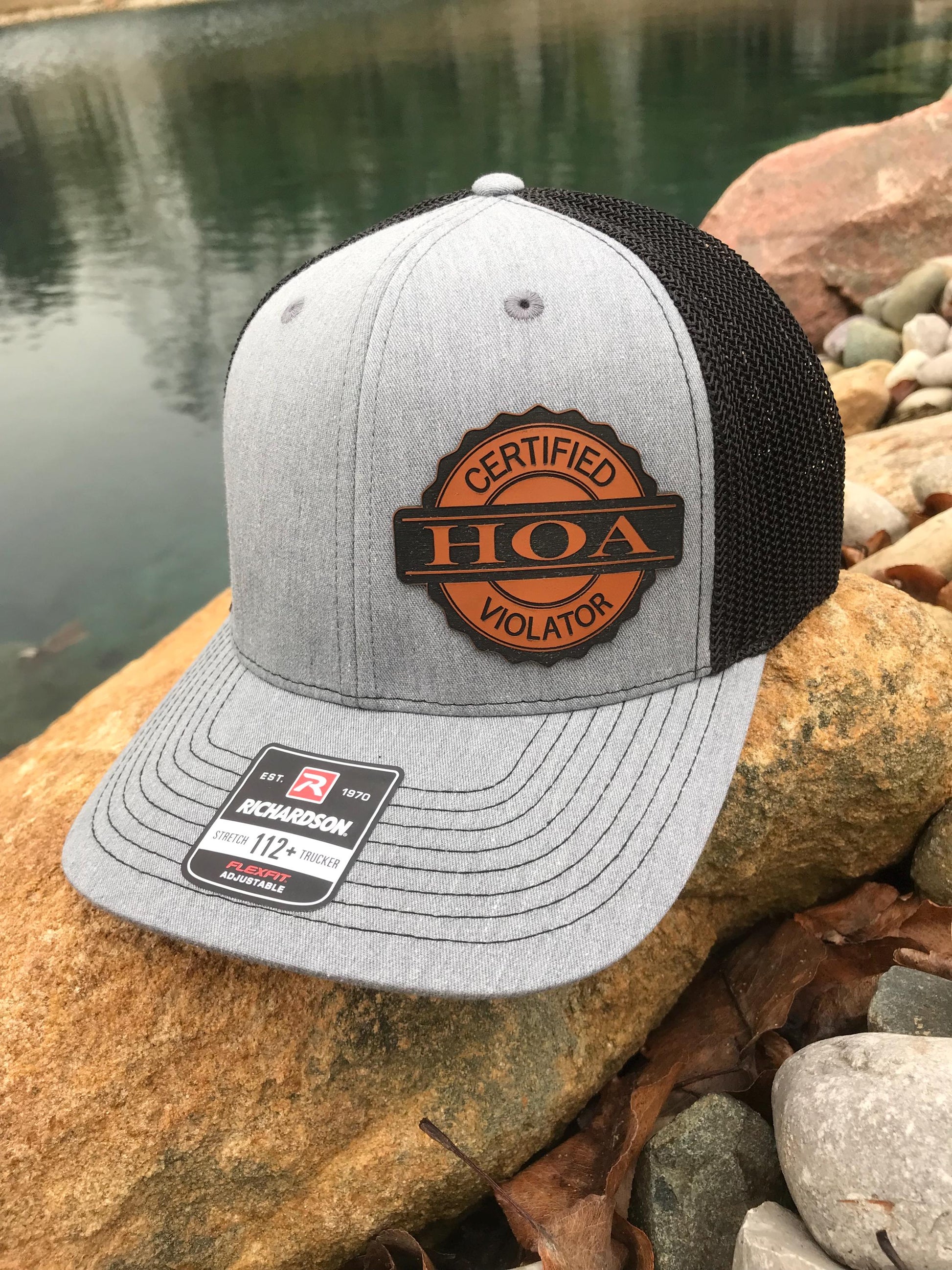 Richardson 112 SnapBack hat, grey with black mesh, rawhide hat patch says Certified HOA Violator