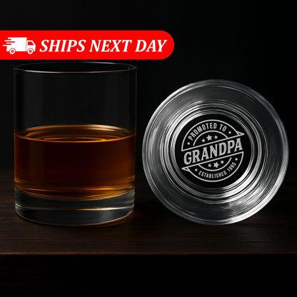 Promoted To Grandpa Whiskey Glass – Personalized Grandpa Gift – Custom Engraved Rocks Glass – Father’s Day, Birthday, Retirement