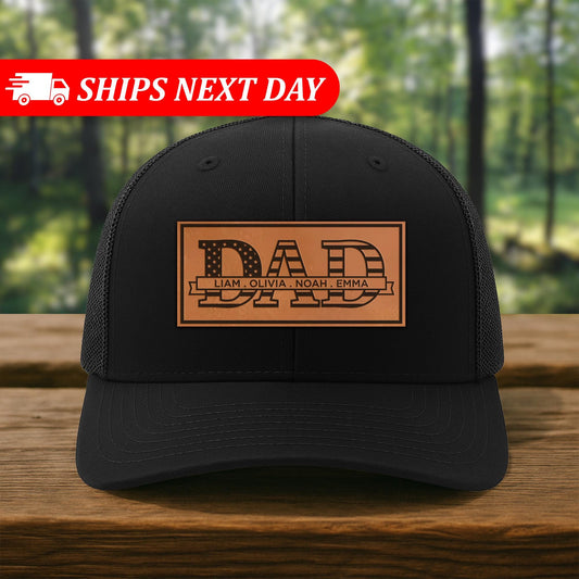 Personalized Dad Hat, Custom Engraved Patch Trucker Cap, Father's Day Gift from Kids, New Dad Birthday Gift, Distressed Snapback