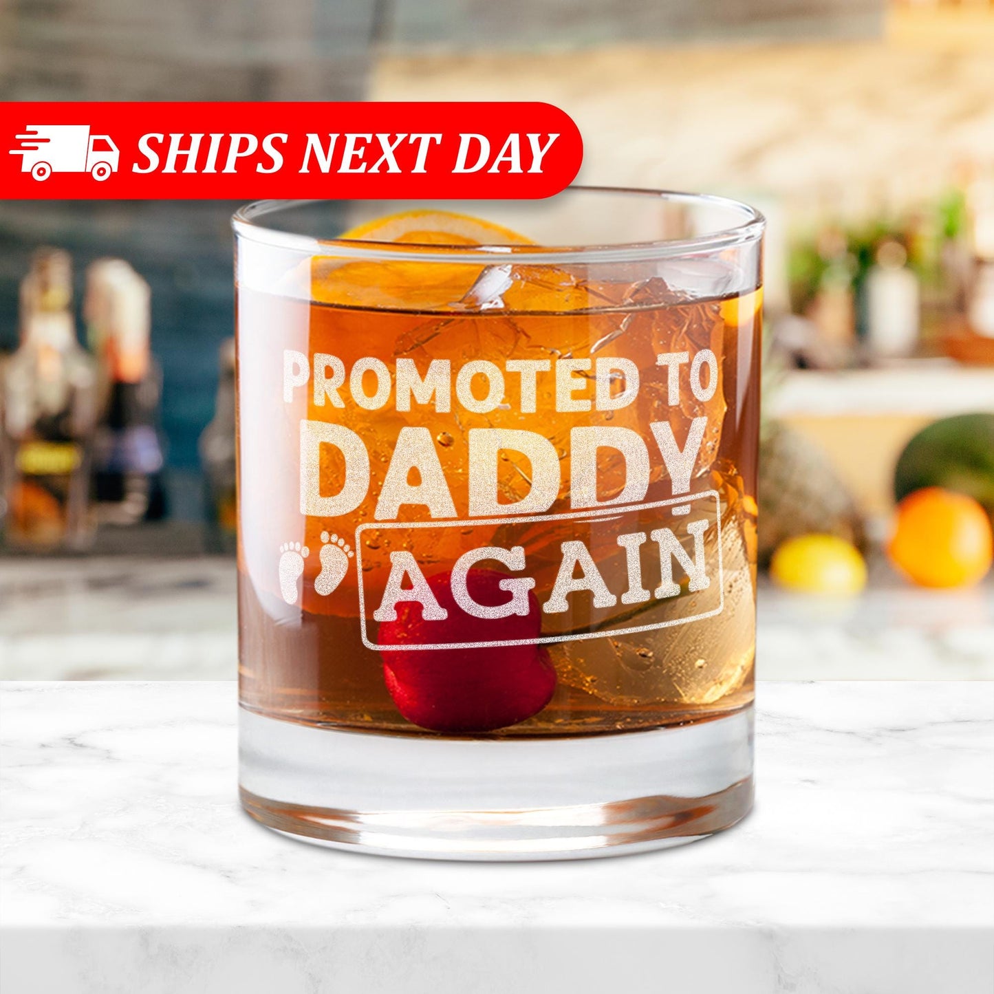 Promoted to Daddy Again Whiskey Glass, Personalized Pregnancy Announcement Gift for Dad, New Baby Reveal Gift for Husband, Engraved Glass