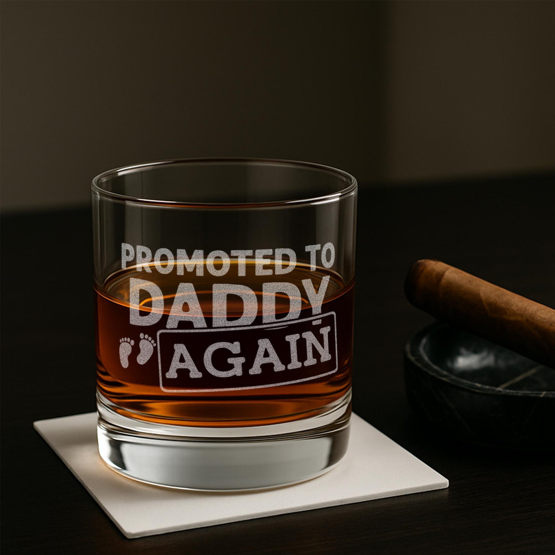 Promoted to Daddy Again Whiskey Glass, Personalized Pregnancy Announcement Gift for Dad, New Baby Reveal Gift for Husband, Engraved Glass