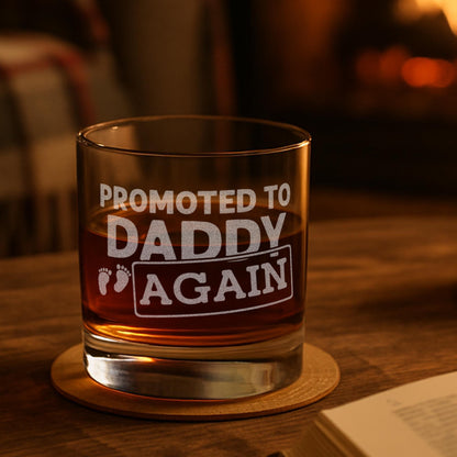 Promoted to Daddy Again Whiskey Glass, Personalized Pregnancy Announcement Gift for Dad, New Baby Reveal Gift for Husband, Engraved Glass