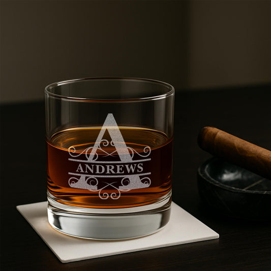 Personalized Whiskey Glass - Gift for Men - 11 oz Engraved Name and Monogram Scotch Glass - Customized Cocktail, Rocks, Brandy Glass
