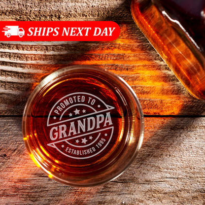 Promoted To Grandpa Whiskey Glass – Personalized Grandpa Gift – Custom Engraved Rocks Glass – Father’s Day, Birthday, Retirement