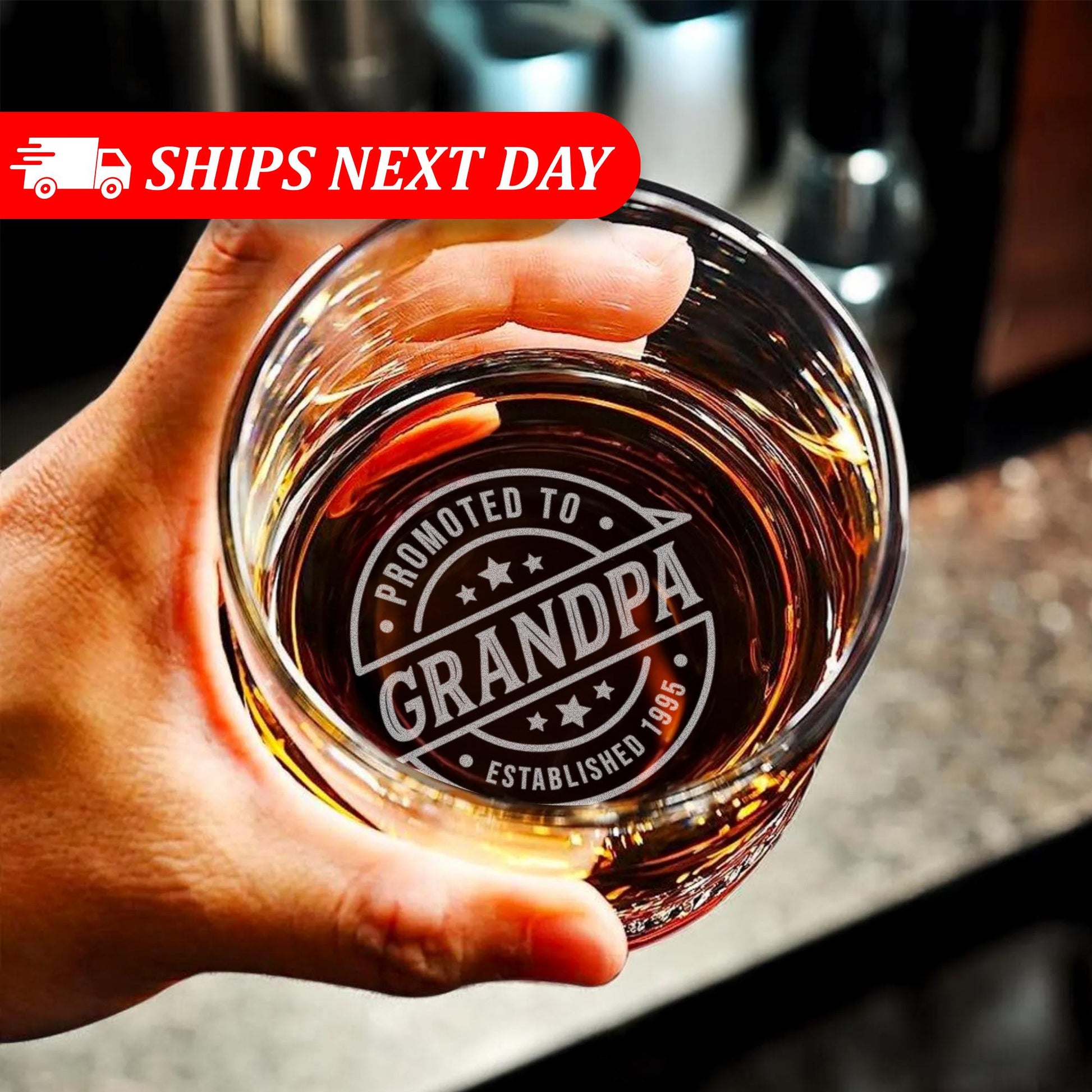 Promoted To Grandpa Whiskey Glass – Personalized Grandpa Gift – Custom Engraved Rocks Glass – Father’s Day, Birthday, Retirement